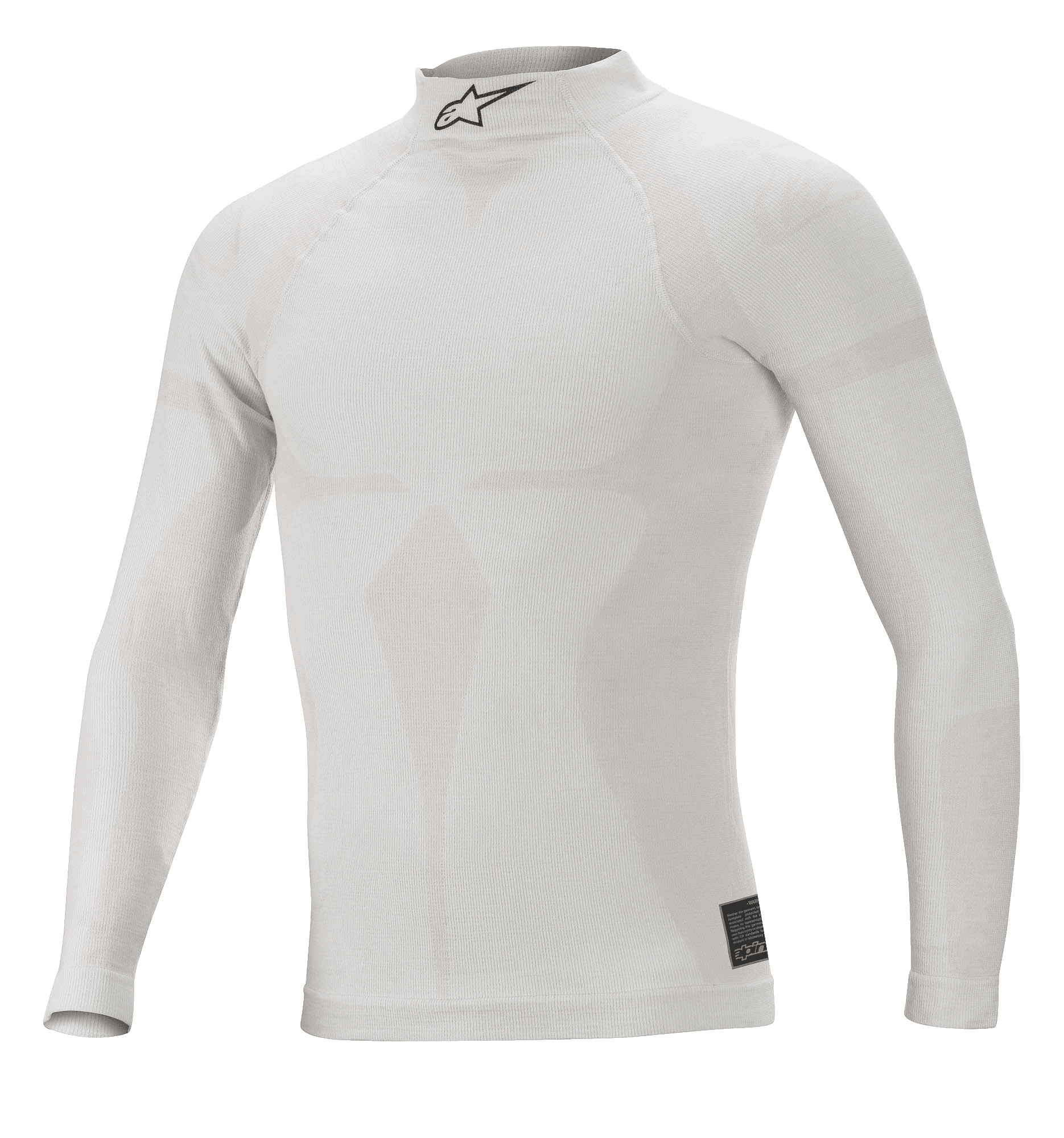Alpinestars ZX Evo V2 Long Sleeve Top, biało-szara, ognioodporna samochodowa warstwa bazowa, wysoki kołnierz z czarnym logo Astars, bezszwowa konstrukcja z motywem żakardowym, lekka i dopasowana bielizna funkcyjna