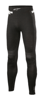 Alpinestars ZX Evo V2 Bottom, wyścigowe spodnie termoaktywne, czarno-szare, prążkowana tekstura i bezszwowa konstrukcja, białe logo Alpinestars na pasie, ognioodporna odzież techniczna do wyścigów samochodowych i kartingowych