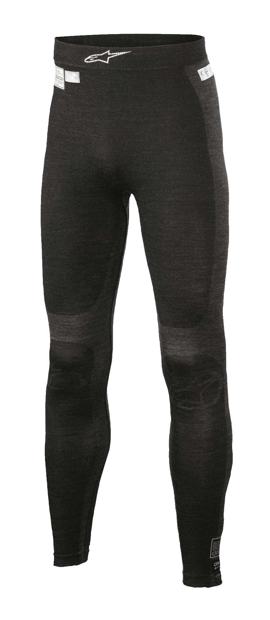 Alpinestars ZX Evo V2 Bottom, wyścigowe spodnie termoaktywne, czarno-szare, prążkowana tekstura i bezszwowa konstrukcja, białe logo Alpinestars na pasie, ognioodporna odzież techniczna do wyścigów samochodowych i kartingowych