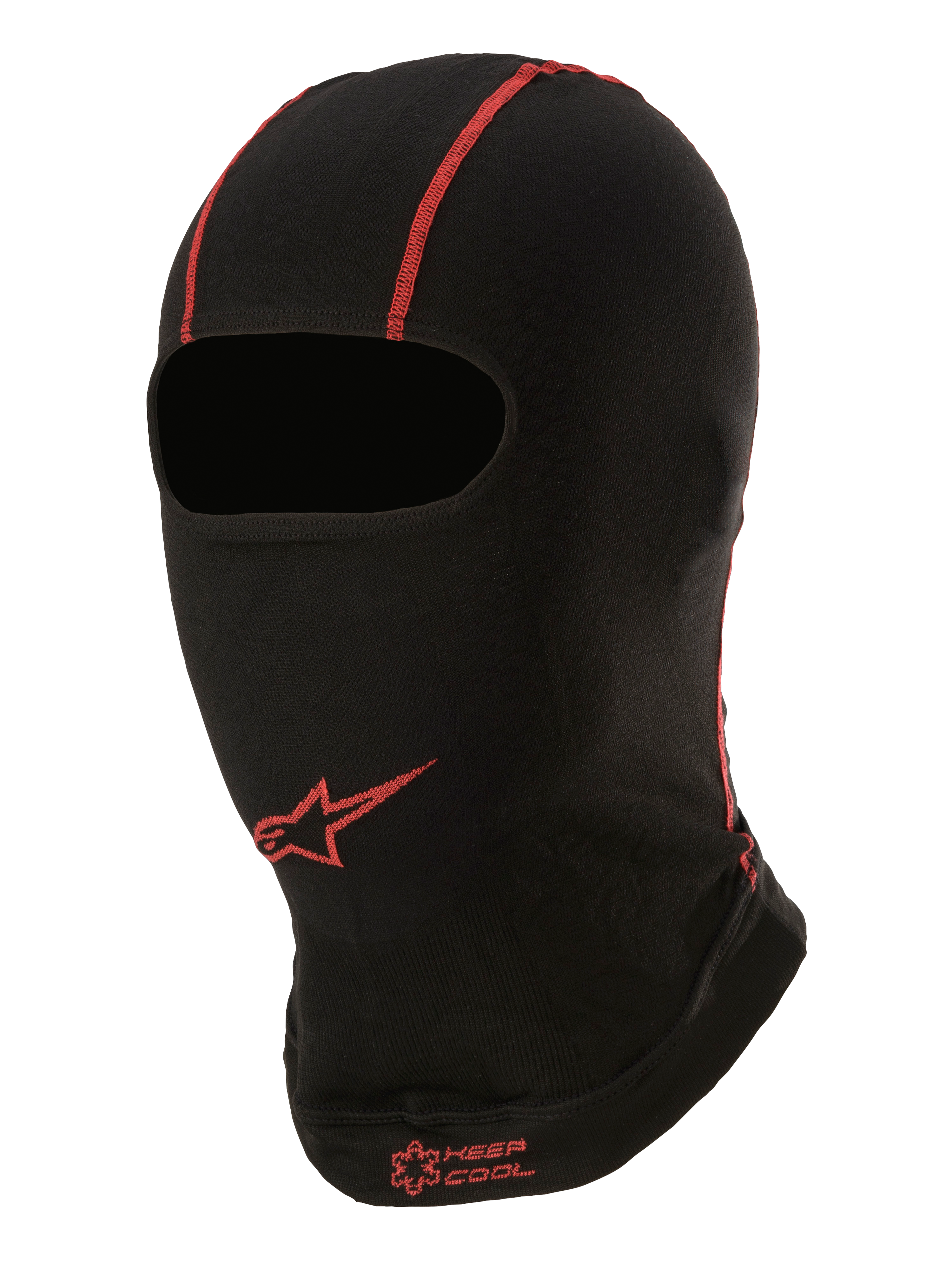 Alpinestars KX V2 Balaclava, Summer Under-Helmet Base Layer, Black with Red stitching, red Alpinestars star logo and "KEEP COOL" text, thin breathable fabric for karting and motorsport