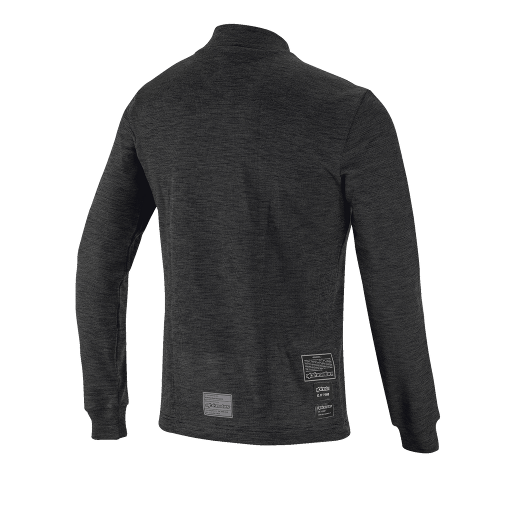 Alpinestars Race V3 Long Sleeve Top, widok z tyłu, czarna ognioodporna warstwa bazowa o teksturowanym splocie, długie rękawy ze ściągaczami, etykiety homologacji FIA w dolnej części pleców.