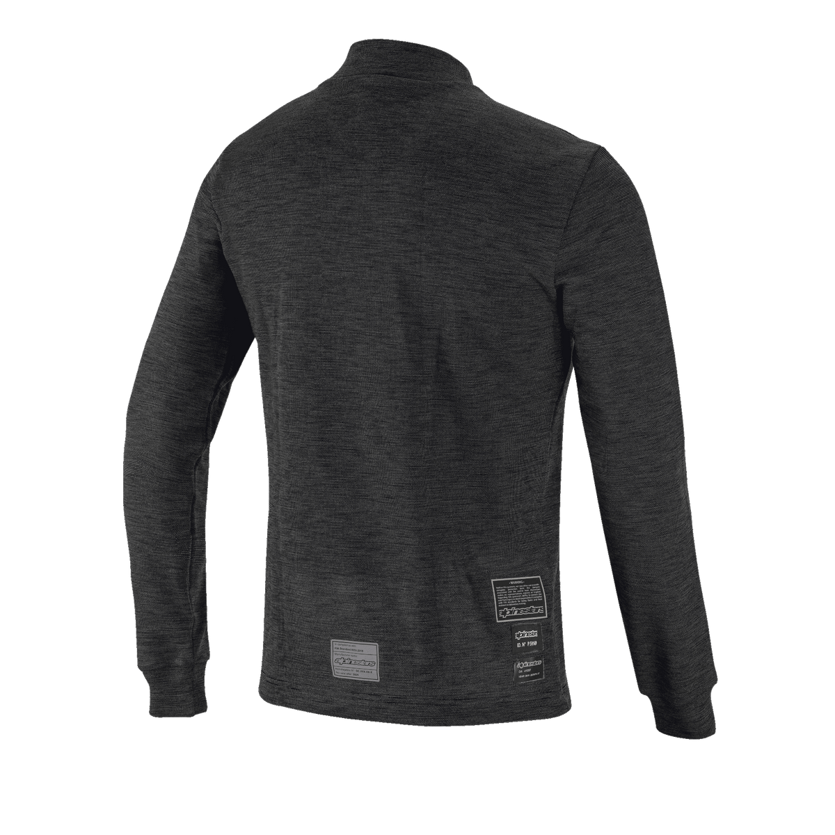 Alpinestars Race V3 Long Sleeve Top, widok z tyłu, czarna ognioodporna warstwa bazowa o teksturowanym splocie, długie rękawy ze ściągaczami, etykiety homologacji FIA w dolnej części pleców.