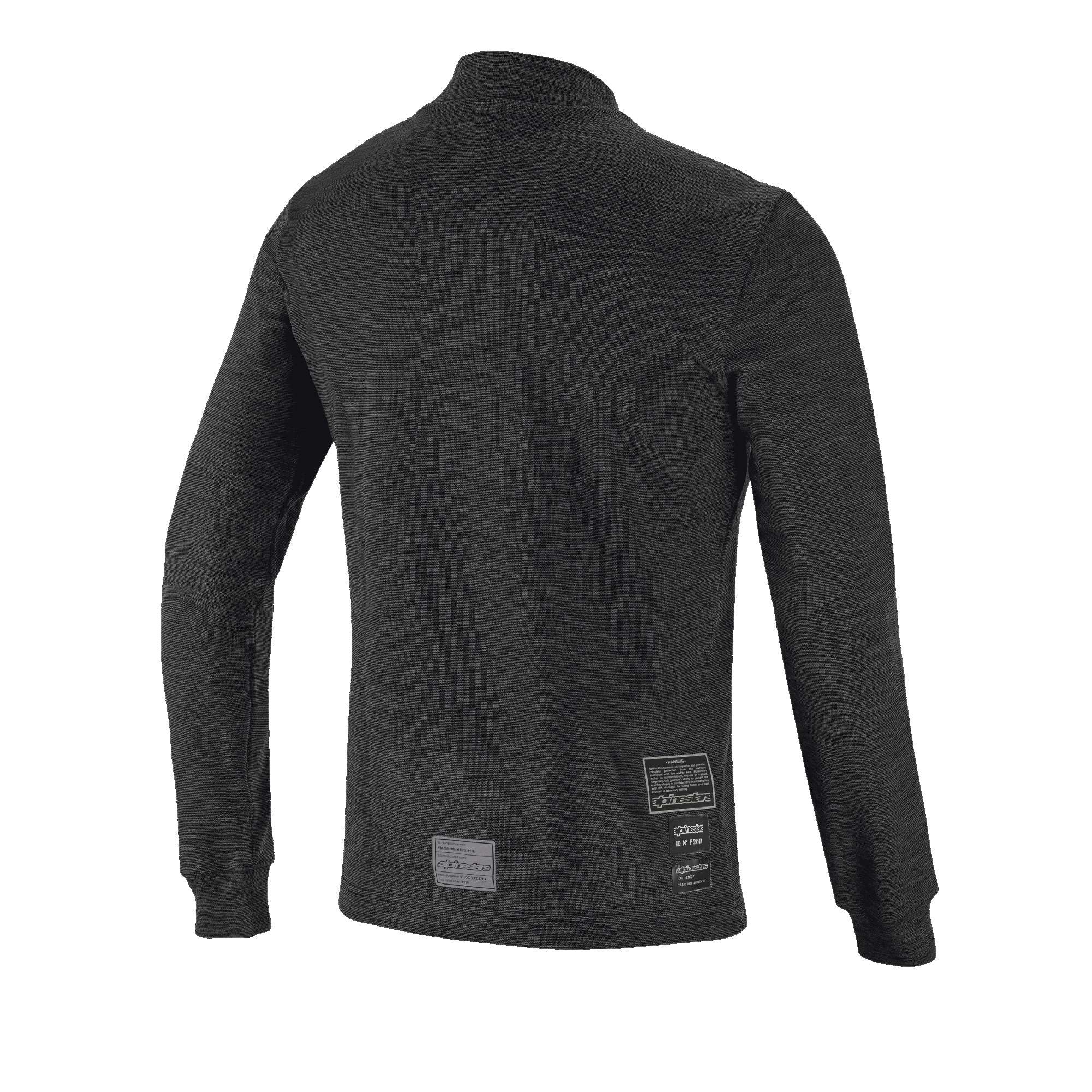 Alpinestars Race V3 Long Sleeve Top, widok z tyłu, czarna ognioodporna warstwa bazowa o teksturowanym splocie, długie rękawy ze ściągaczami, etykiety homologacji FIA w dolnej części pleców.