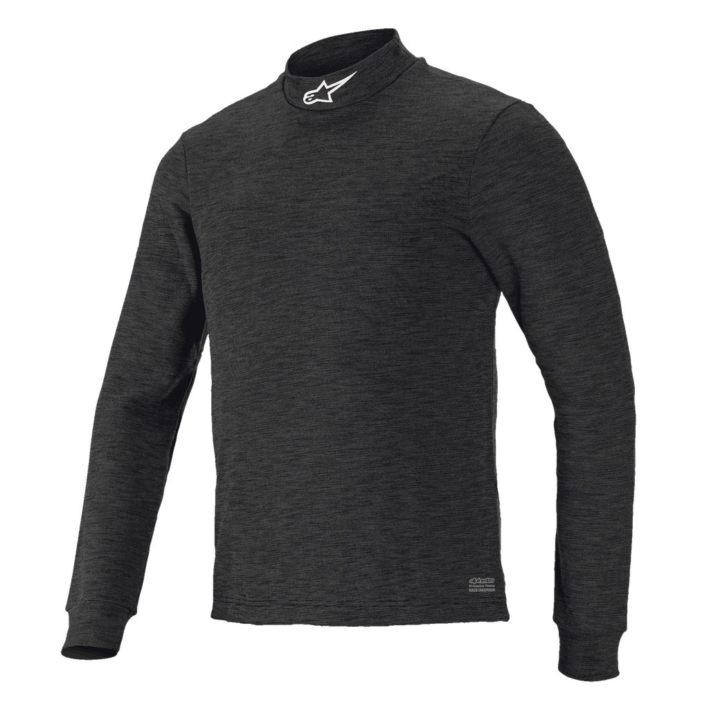 Alpinestars Race V3 Long Sleeve Top, czarna teksturowana warstwa bazowa, wysoki kołnierz z białym logo, dopasowany krój, ognioodporna odzież wyczynowa do sportów motorowych