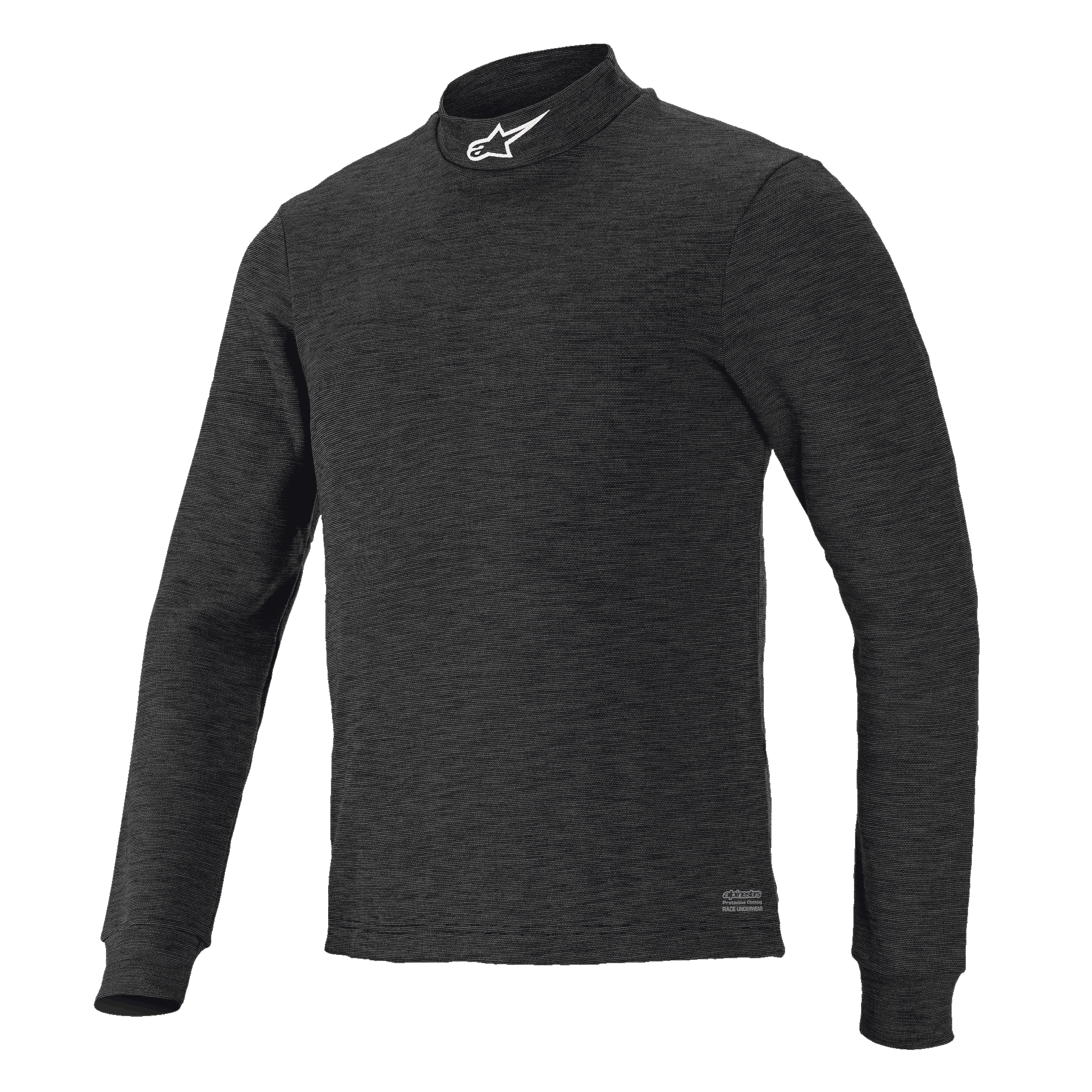 Alpinestars Race V3 Long Sleeve Top, czarna teksturowana warstwa bazowa, wysoki kołnierz z białym logo, dopasowany krój, ognioodporna odzież wyczynowa do sportów motorowych