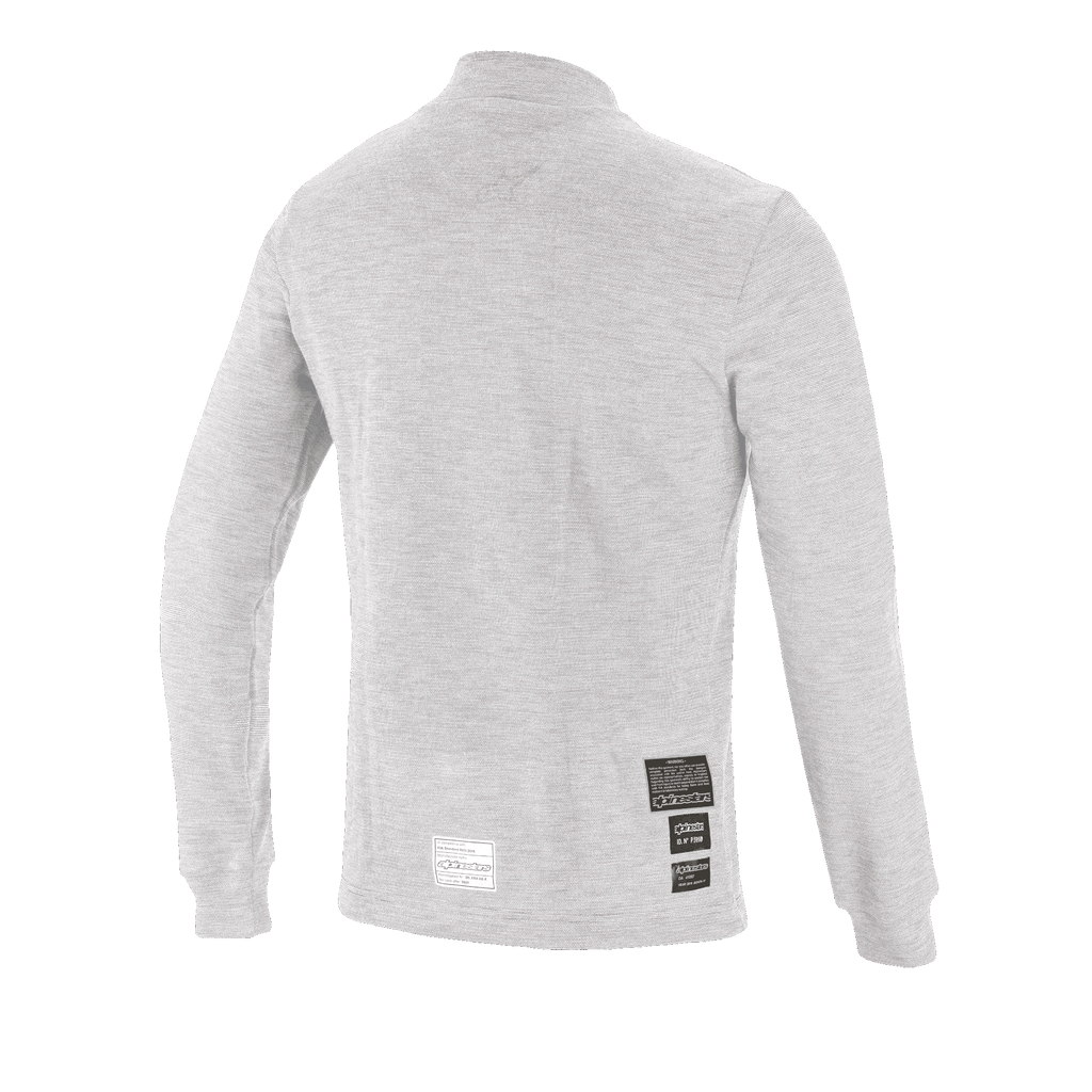 Alpinestars Race V3 Long Sleeve Top, samochodowa warstwa bazowa, biały, widok z tyłu z etykietami homologacji FIA 8856-2018 w dolnej części pleców, miękki teksturowany materiał ognioodporny zapewniający ochronę w motorsporcie