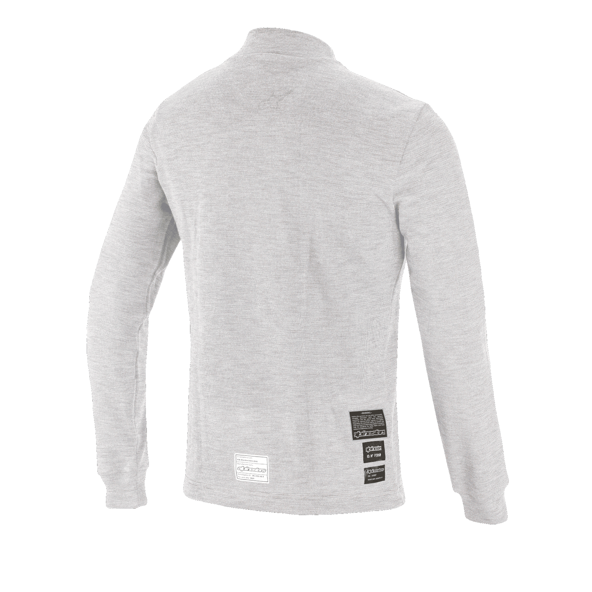 Alpinestars Race V3 Long Sleeve Top, samochodowa warstwa bazowa, biały, widok z tyłu z etykietami homologacji FIA 8856-2018 w dolnej części pleców, miękki teksturowany materiał ognioodporny zapewniający ochronę w motorsporcie