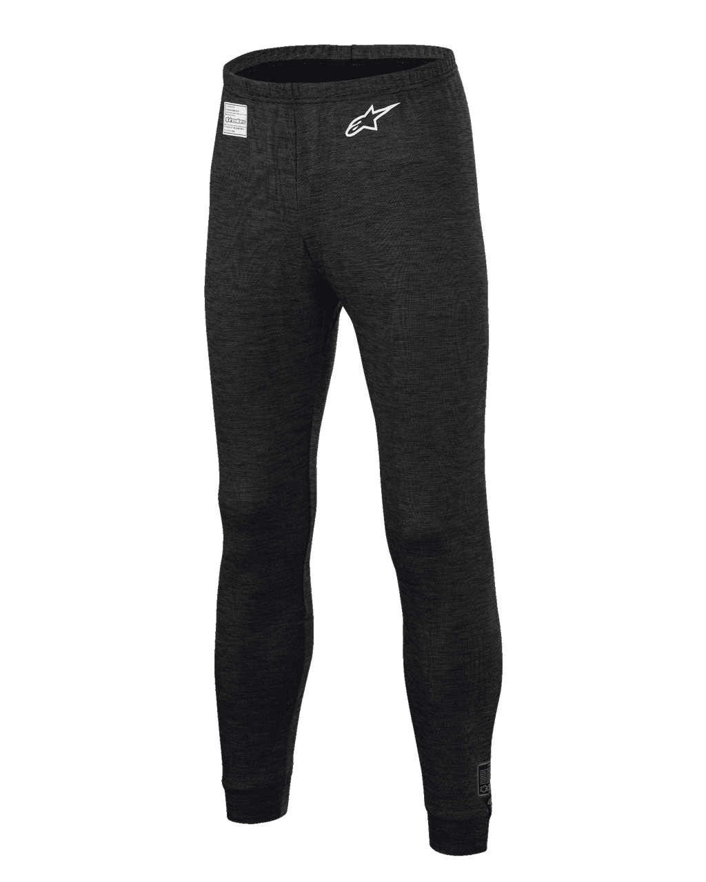 Alpinestars Race V3 Bottom, spodnie termoaktywne do wyścigów samochodowych, czarne, wykonane z ognioodpornej teksturowanej tkaniny, białe logo z gwiazdą na udzie, etykieta z certyfikatem FIA na pasie, profesjonalna bielizna techniczna