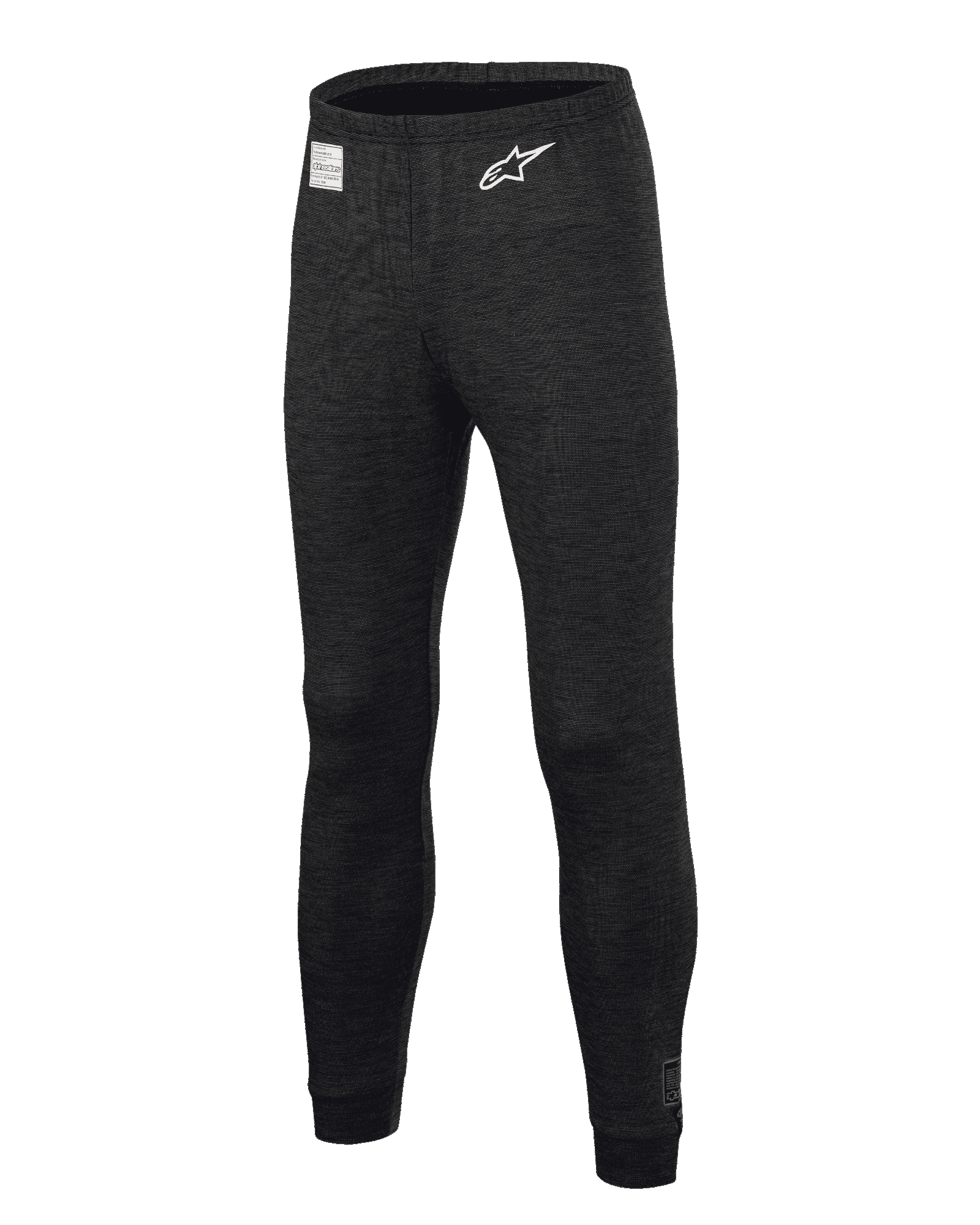 Alpinestars Race V3 Bottom, spodnie termoaktywne do wyścigów samochodowych, czarne, wykonane z ognioodpornej teksturowanej tkaniny, białe logo z gwiazdą na udzie, etykieta z certyfikatem FIA na pasie, profesjonalna bielizna techniczna