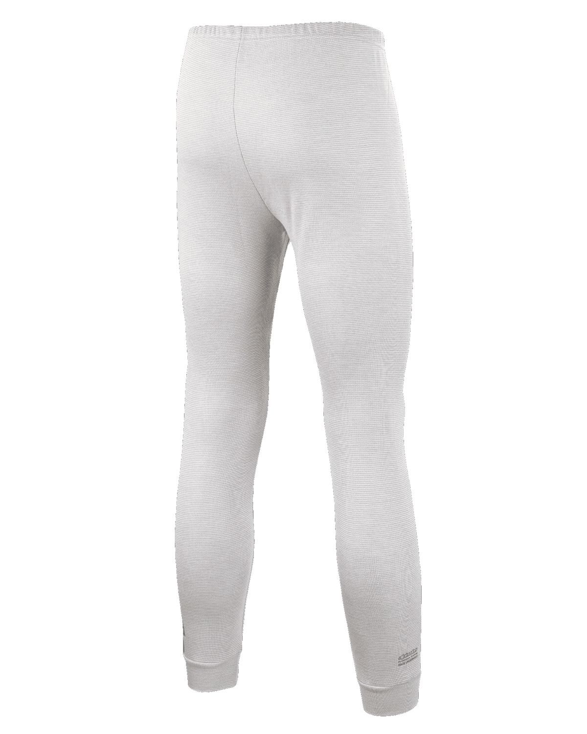 Alpinestars Race V3 Bottom, białe spodnie termoaktywne do wyścigów samochodowych, widok z tyłu prezentujący teksturowany materiał ognioodporny, elastyczny pas i ściągacze na kostkach, zaprojektowane do profesjonalnego użytku w sportach motorowych