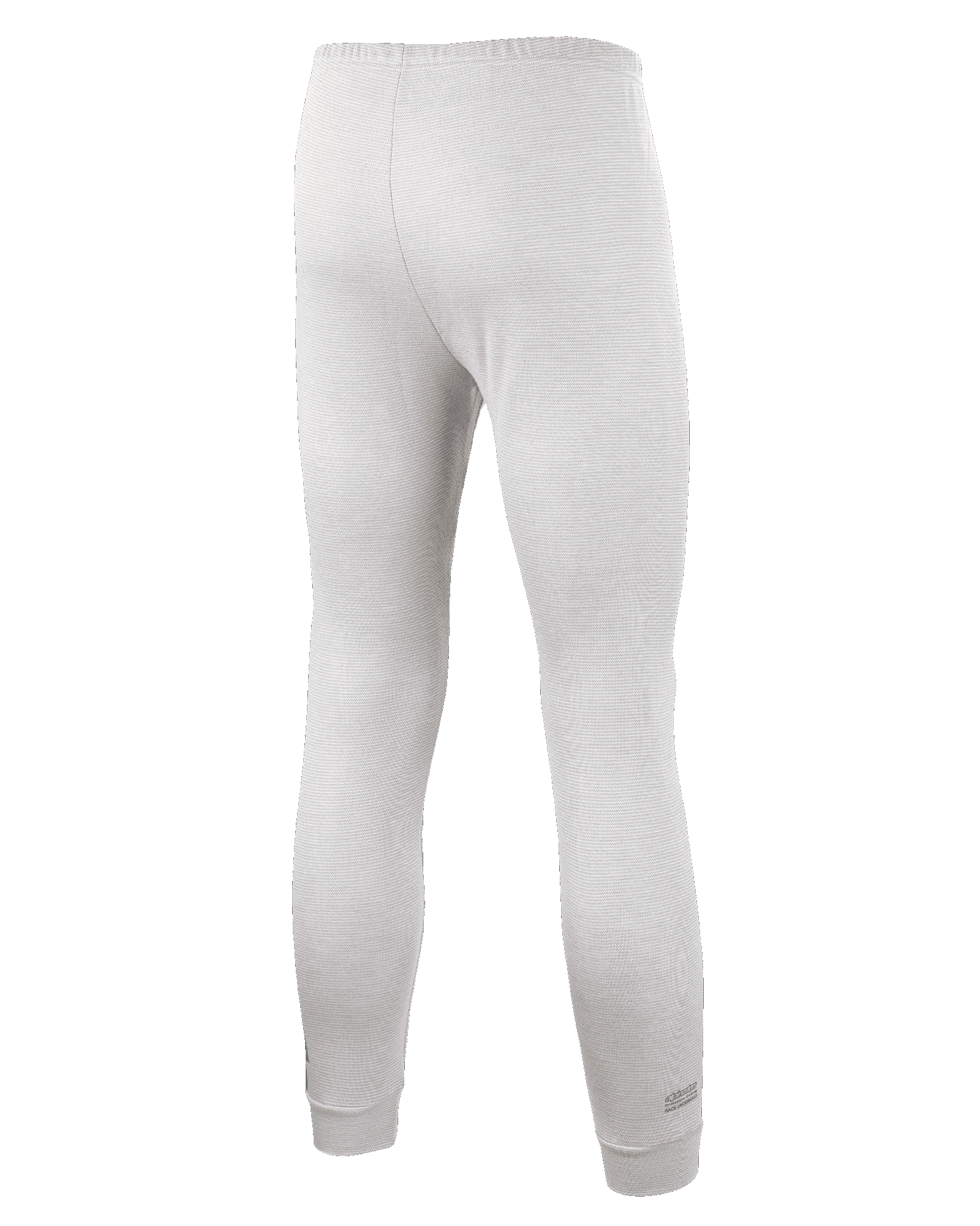 Alpinestars Race V3 Bottom, białe spodnie termoaktywne do wyścigów samochodowych, widok z tyłu prezentujący teksturowany materiał ognioodporny, elastyczny pas i ściągacze na kostkach, zaprojektowane do profesjonalnego użytku w sportach motorowych