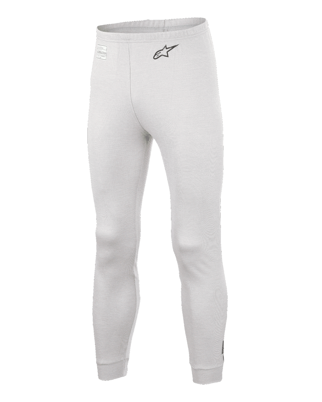 Alpinestars Race V3 Bottom, samochodowe spodnie termoaktywne warstwy bazowej, białe, teksturowany materiał ognioodporny, czarne logo A-star na biodrze, ściągacze przy kostkach i w pasie, lekka techniczna warstwa spodnia