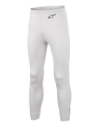 Alpinestars Race V3 Bottom, samochodowe spodnie termoaktywne warstwy bazowej, białe, teksturowany materiał ognioodporny, czarne logo A-star na biodrze, ściągacze przy kostkach i w pasie, lekka techniczna warstwa spodnia