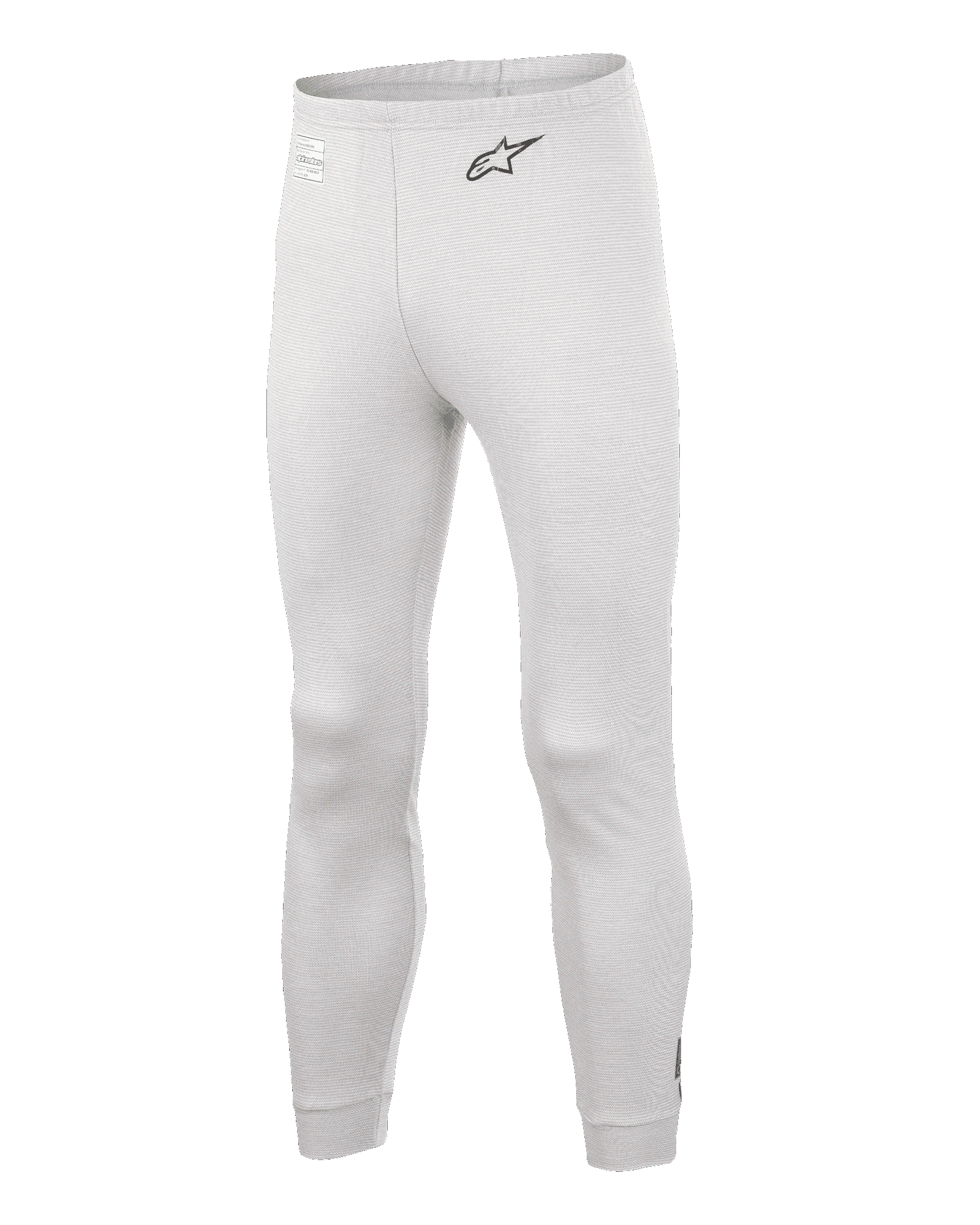 Alpinestars Race V3 Bottom, samochodowe spodnie termoaktywne warstwy bazowej, białe, teksturowany materiał ognioodporny, czarne logo A-star na biodrze, ściągacze przy kostkach i w pasie, lekka techniczna warstwa spodnia
