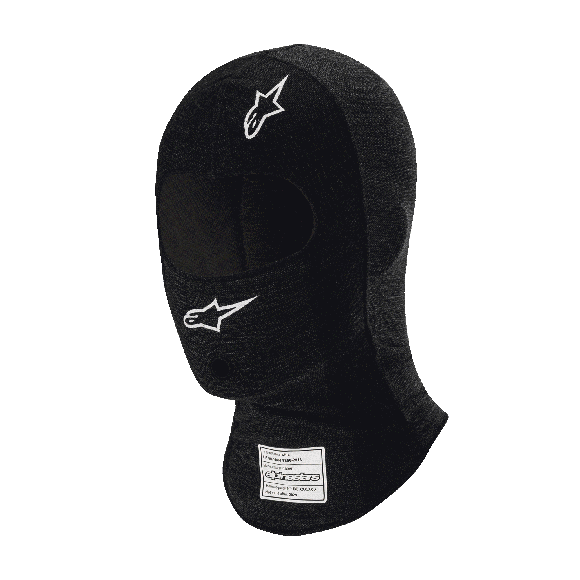 Alpinestars Race V3 Balaclava, czarna ognioodporna kominiarka wyścigowa, białe logo z gwiazdą na czole i policzku, etykieta z certyfikatem FIA na szyi, lekka tkanina techniczna z otworem na oczy, ochrona głowy w sportach motorowych