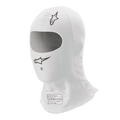 Alpinestars Race V3 Balaclava, biała kominiarka wyścigowa, czarne logo Alpinestars, duży owalny otwór na oczy, etykieta homologacji FIA 8856-2018, lekka tkanina ognioodporna