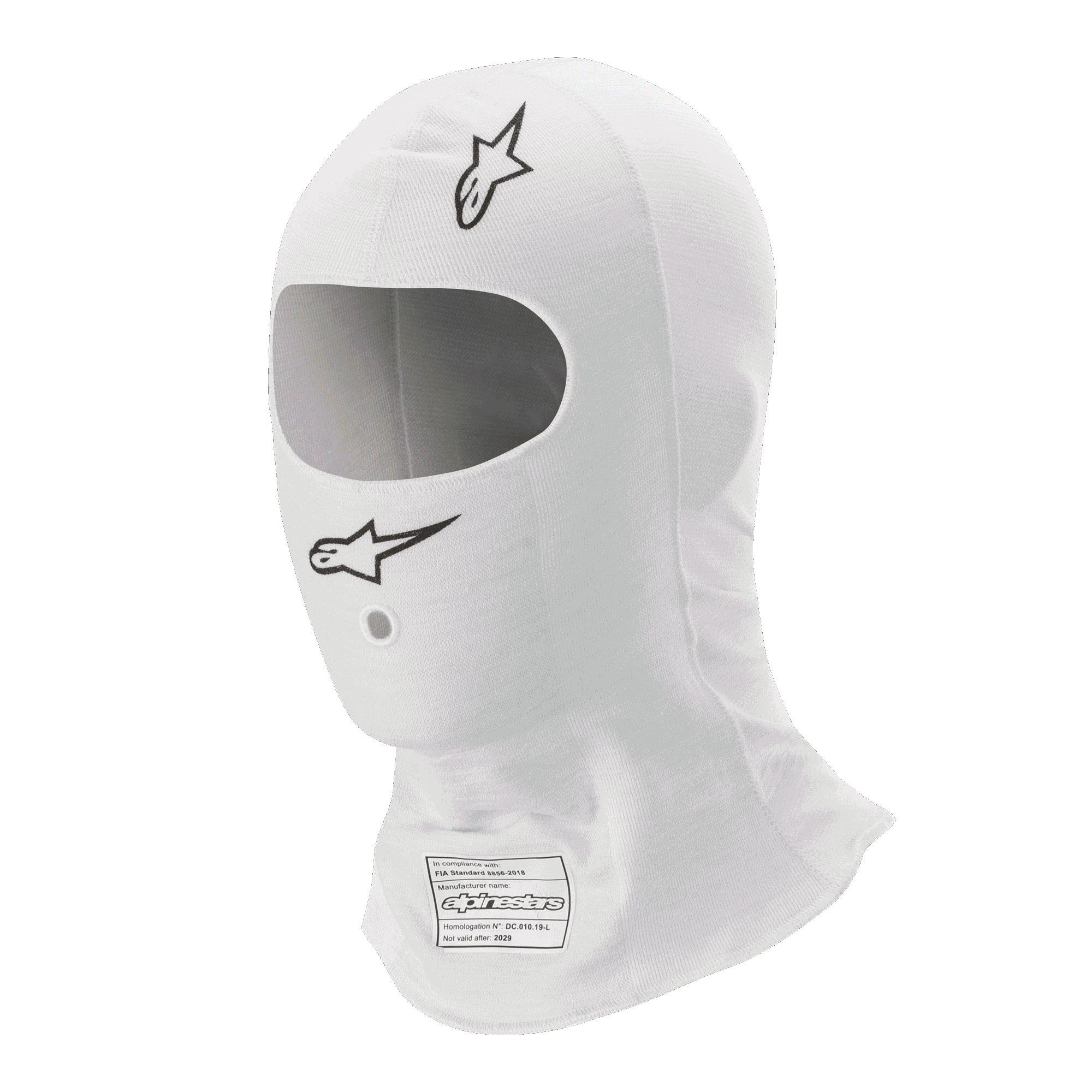 Alpinestars Race V3 Balaclava, biała kominiarka wyścigowa, czarne logo Alpinestars, duży owalny otwór na oczy, etykieta homologacji FIA 8856-2018, lekka tkanina ognioodporna
