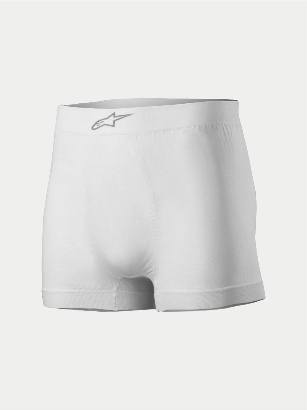 Alpinestars TECH ZX Boxer, samochodowa bielizna wyścigowa, białe, ze srebrnym logo Alpinestars na pasie, lekka, trudnopalna tkanina, warstwa bazowa do sportów motorowych