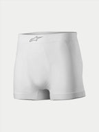 Alpinestars TECH ZX Boxer, samochodowa bielizna wyścigowa, białe, ze srebrnym logo Alpinestars na pasie, lekka, trudnopalna tkanina, warstwa bazowa do sportów motorowych