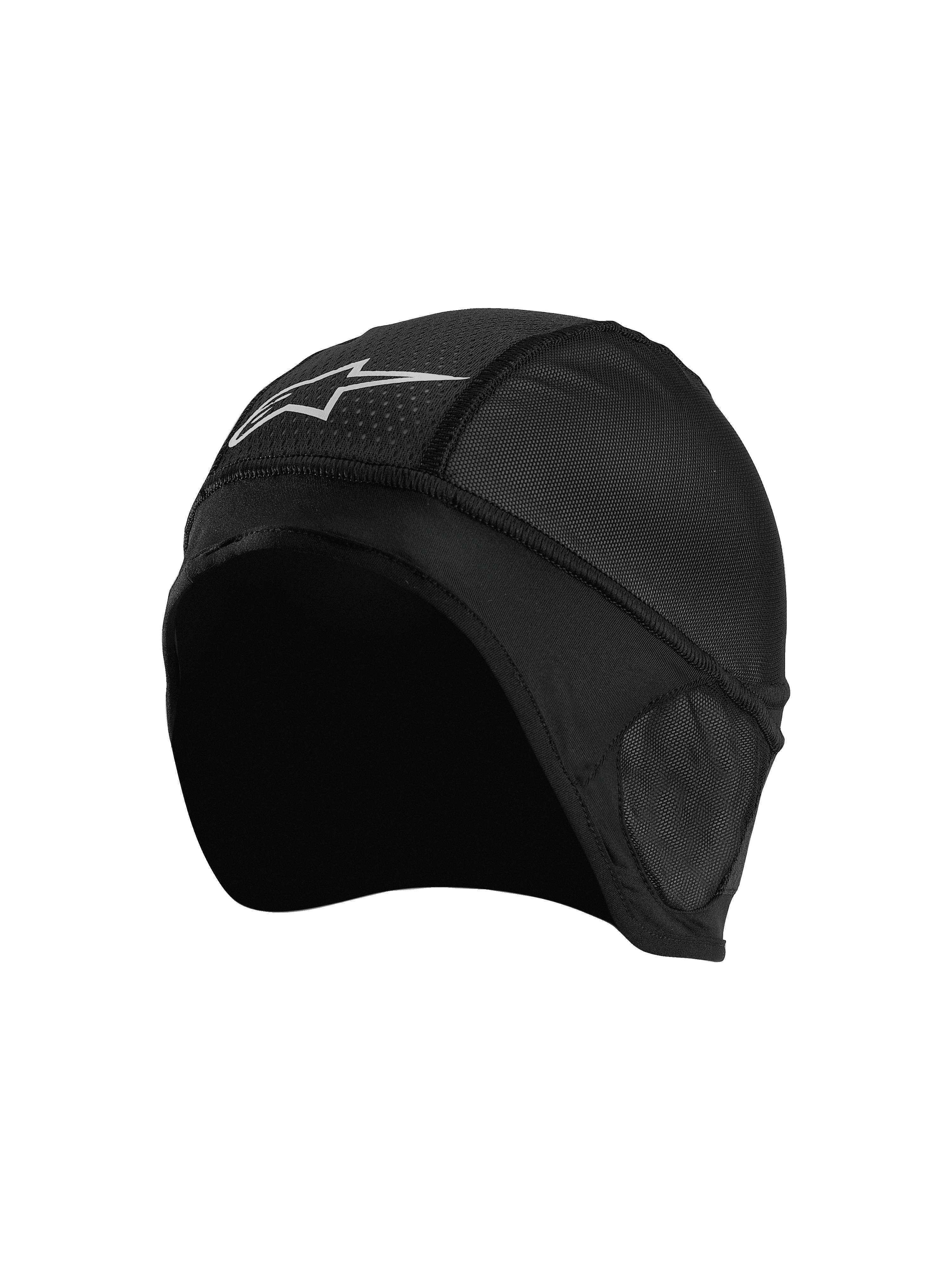 Alpinestars Balaclava Skull Cap, czarny motocyklowy czepek podkaskowy, oddychające panele z siatki, białe logo w kształcie gwiazdy, ergonomiczny design z płaskimi szwami zapewniający komfort pod kaskiem