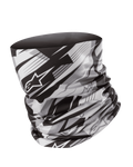Alpinestars Neck Tube, komin motocyklowy, czarno-szary, rozmyty wzór geometryczny z logo gwiazdy Alpinestars, lekki jedwabisty materiał, bezszwowa warstwa bazowa dla ochrony przed wiatrem