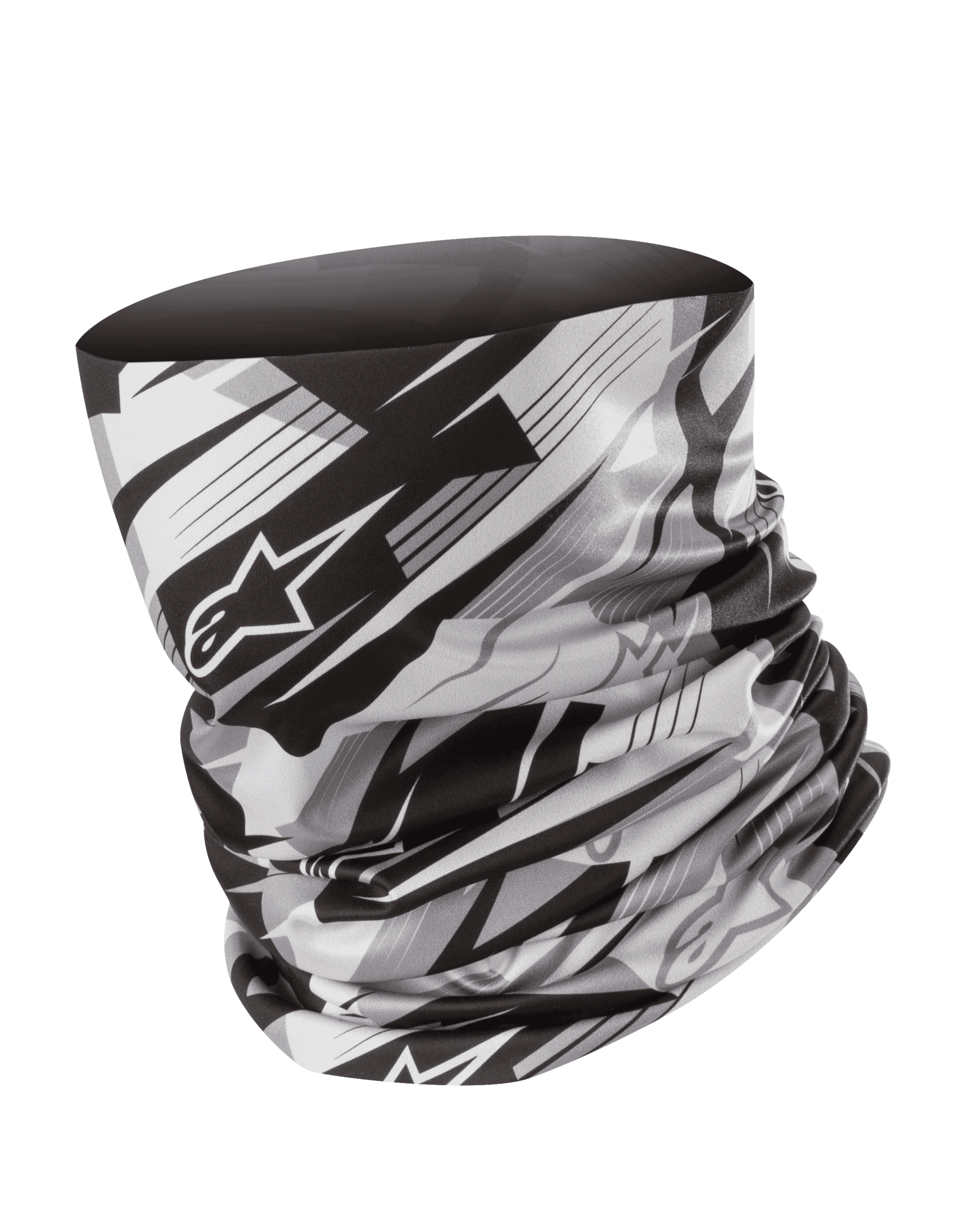 Alpinestars Neck Tube, komin motocyklowy, czarno-szary, rozmyty wzór geometryczny z logo gwiazdy Alpinestars, lekki jedwabisty materiał, bezszwowa warstwa bazowa dla ochrony przed wiatrem
