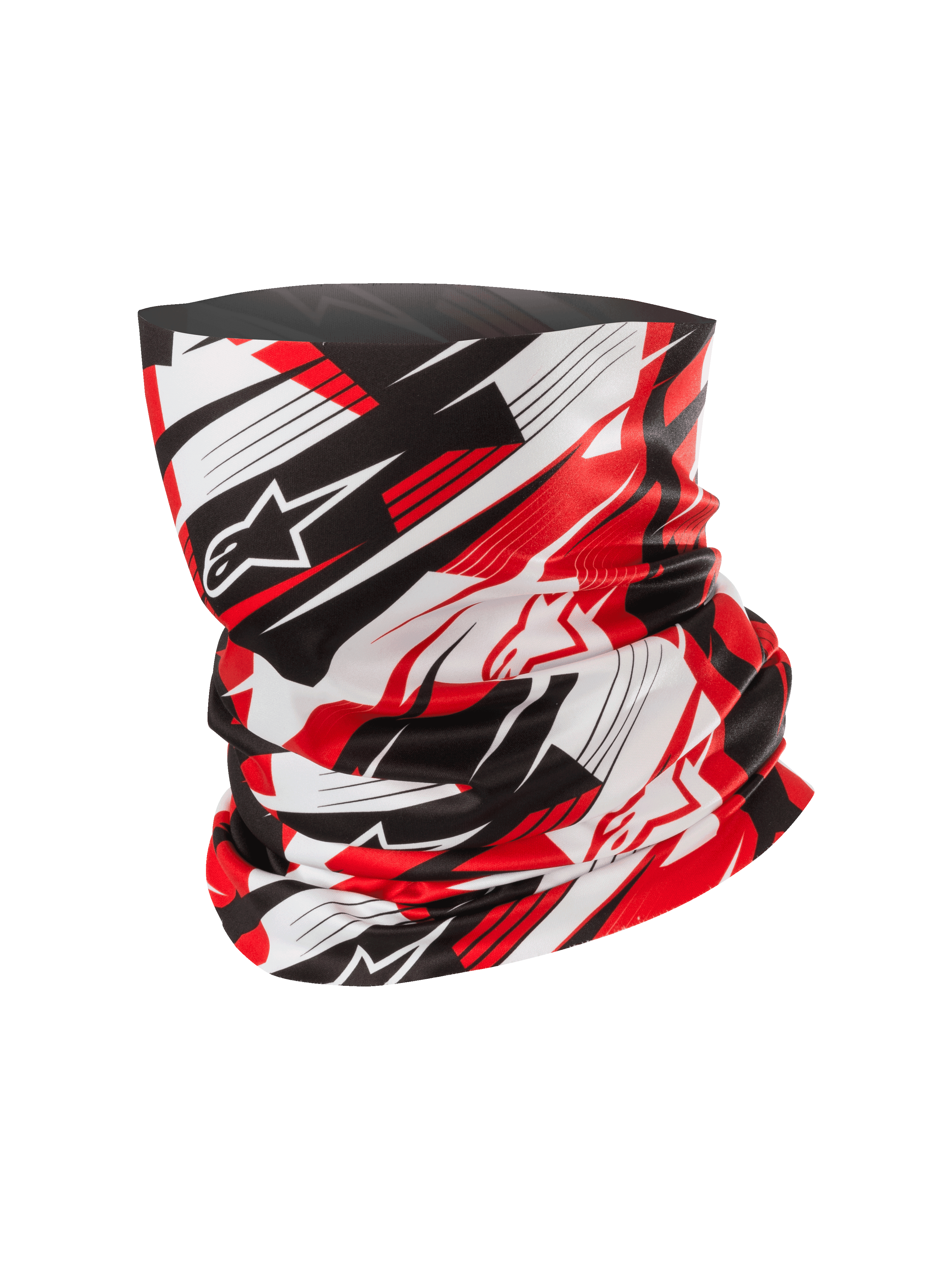 Alpinestars Neck Tube, komin motocyklowy, czerwony, czarny i biały, dynamiczny abstrakcyjny wzór z rozmytymi liniami i logo gwiazdy, lekki, jedwabisty w dotyku materiał, akcesorium motocyklowe i do aktywności na świeżym powietrzu