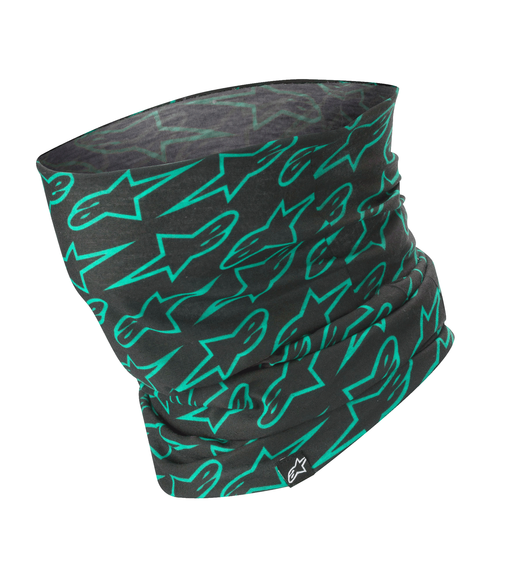 Alpinestars Neck Tube, czarny komin motocyklowy z turkusowym wzorem logo Astars, lekka wiatroodporna warstwa bazowa o jedwabistej strukturze, akcesorium ochronne unisex