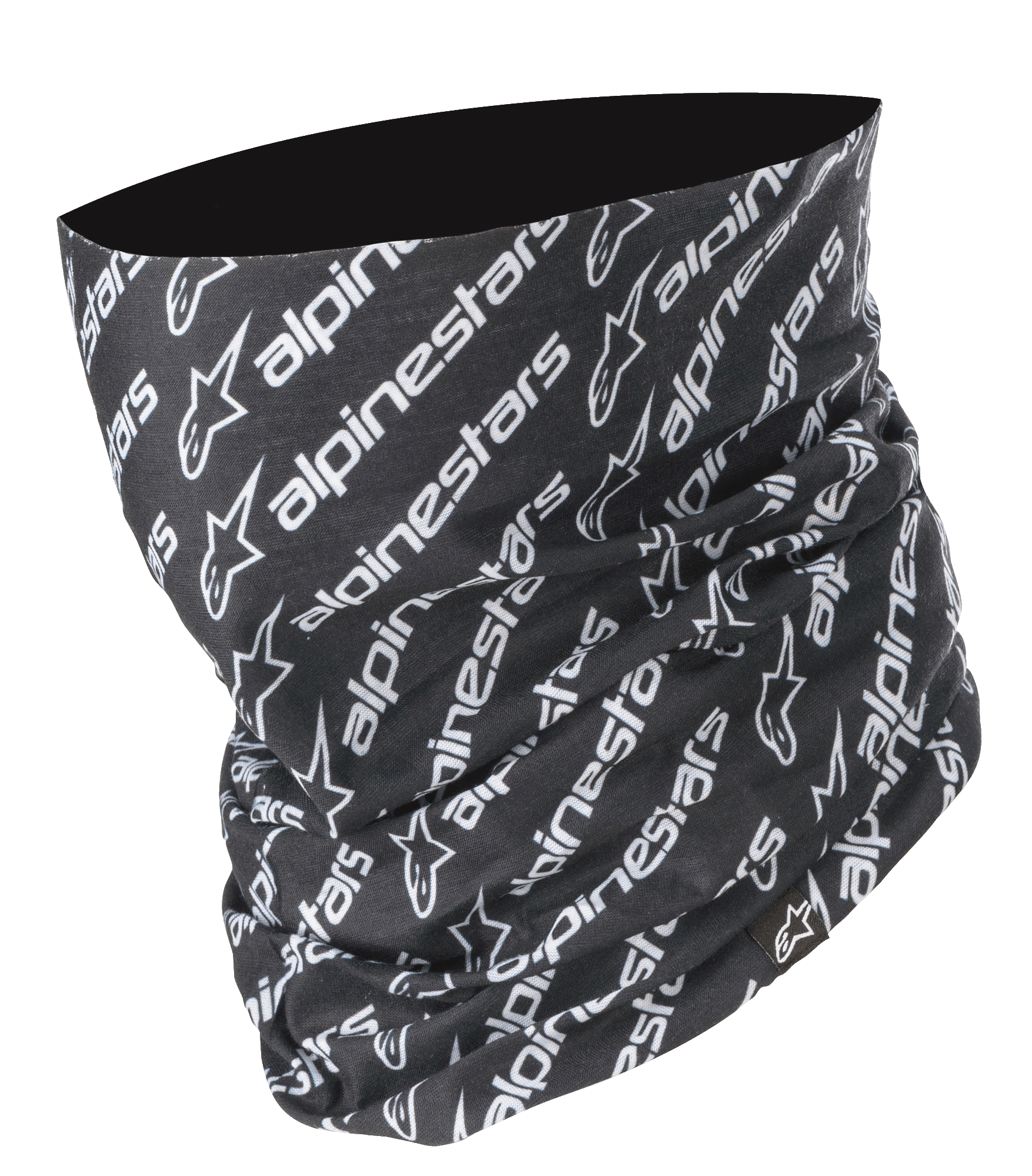 Alpinestars Linear Neck Tube, motocyklowy komin na szyję, czarno-biały, ukośny wzór z powtarzającym się logo i napisem Alpinestars, bezszwowa konstrukcja z mikrofibry, lekka warstwa bazowa do jazdy szosowej