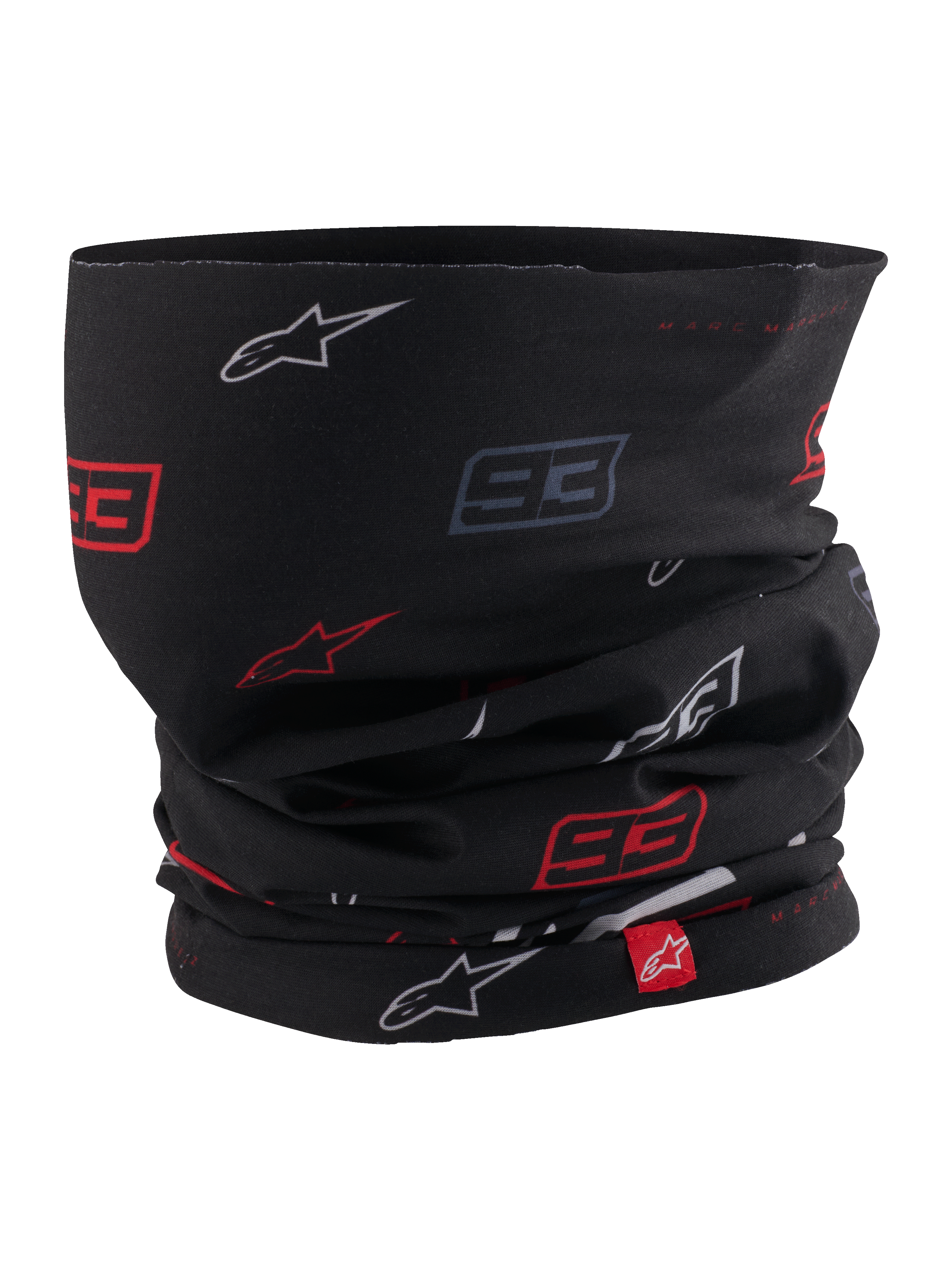 Alpinestars MM93 Neck Tube, komin motocyklowy, czarny z czerwono-białym wzorem logo gwiazdy i numerem 93 Marca Márqueza, lekki elastyczny materiał, z małą czerwoną metką Alpinestars