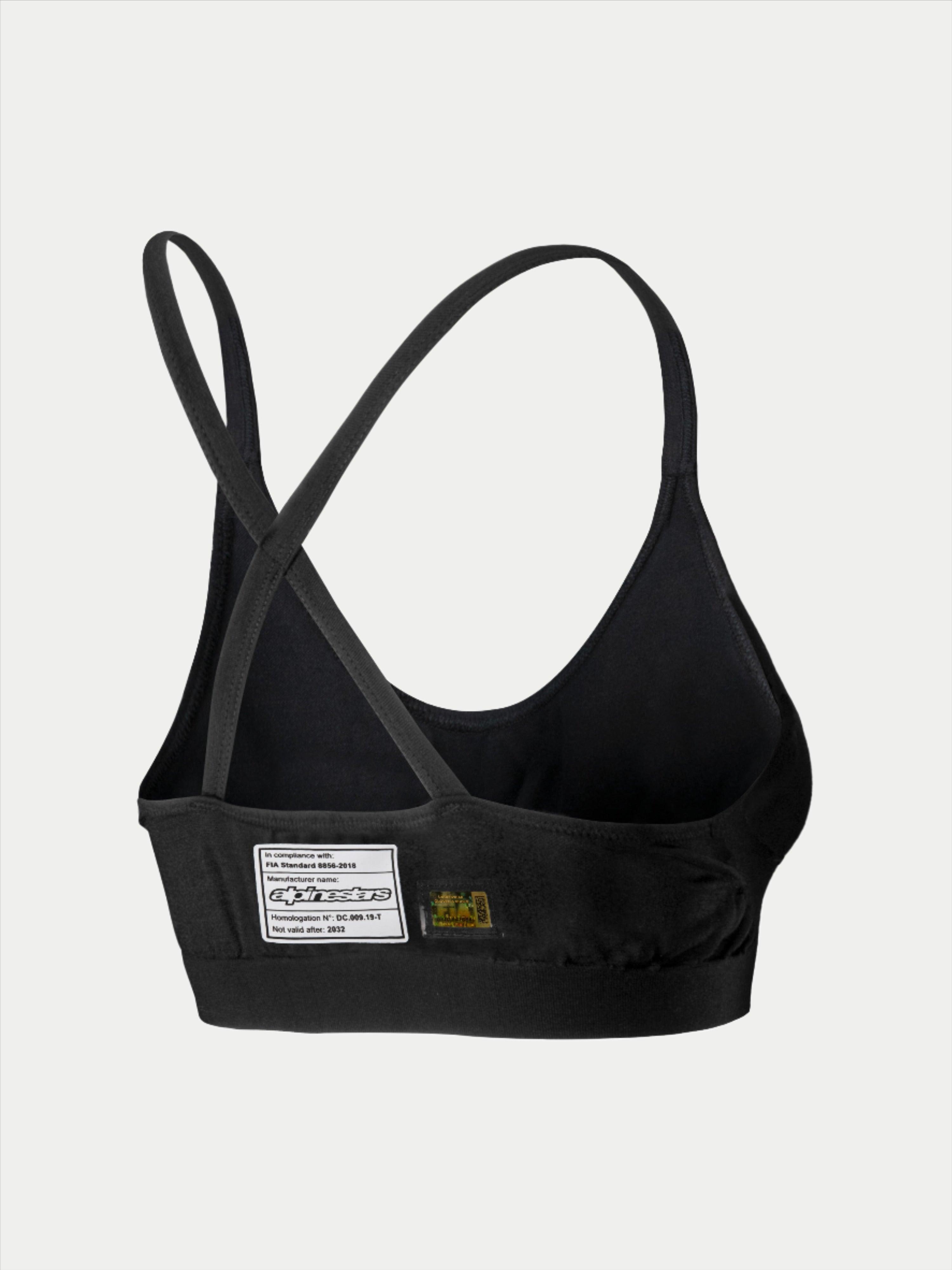 Alpinestars Stella TECH ZX Bra, Auto Racing Base Layer, Black, back view featuring FIA 8856-2018 certification label, thin crossed straps, lightweight flame-resistant material for motorsport protection.