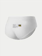 Alpinestars Stella TECH ZX Briefs, damska bielizna wyścigowa, białe, widok z tyłu z etykietami certyfikacyjnymi FIA 8856-2018 i brandingiem Alpinestars, lekka i ognioodporna warstwa bazowa do sportów motorowych