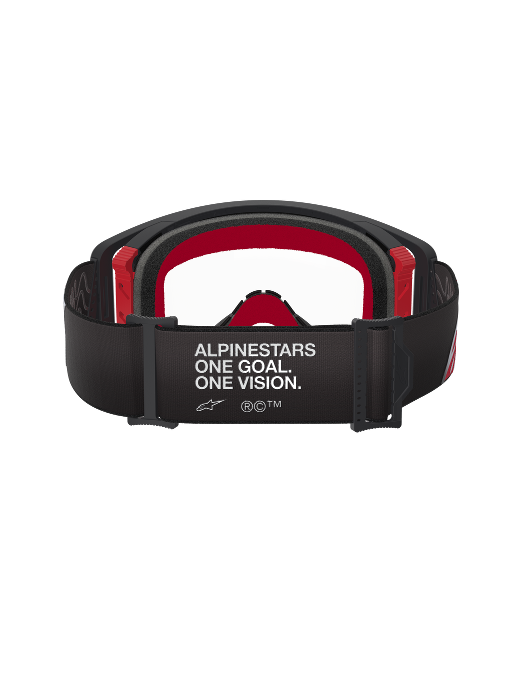 Alpinestars Supertech Corp Goggles, gogle motocrossowe, czarno-czerwone z przezroczystą soczewką, widok z tyłu ukazujący szeroki czarny pasek z białym napisem „ALPINESTARS ONE GOAL. ONE VISION.”, wielowarstwowa pianka i czerwone akcenty oprawki