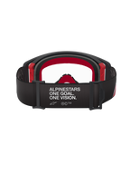 Alpinestars Supertech Corp Goggles, gogle motocrossowe, czarno-czerwone z przezroczystą soczewką, widok z tyłu ukazujący szeroki czarny pasek z białym napisem „ALPINESTARS ONE GOAL. ONE VISION.”, wielowarstwowa pianka i czerwone akcenty oprawki