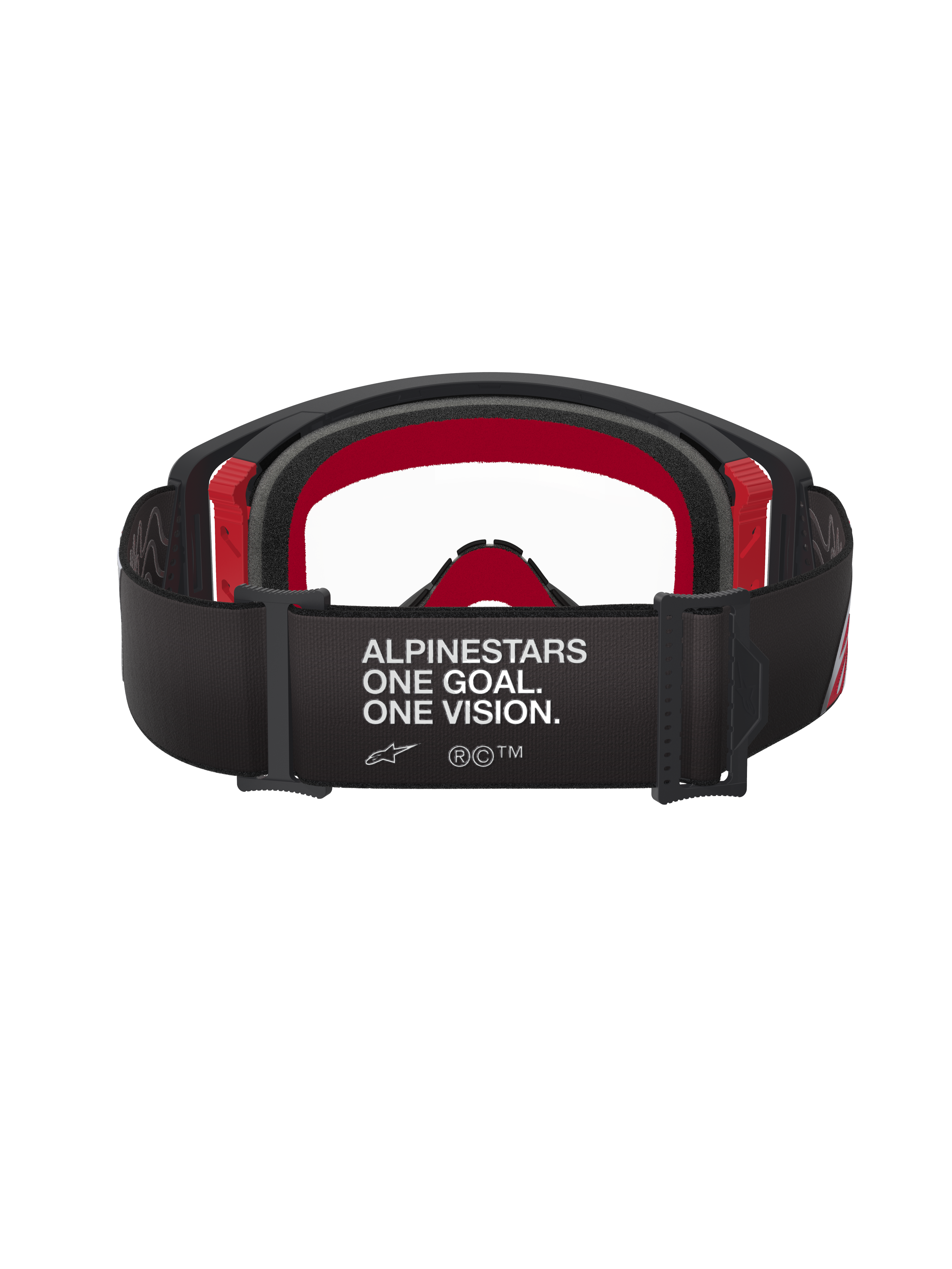 Alpinestars Supertech Corp Goggles, gogle motocrossowe, czarno-czerwone z przezroczystą soczewką, widok z tyłu ukazujący szeroki czarny pasek z białym napisem „ALPINESTARS ONE GOAL. ONE VISION.”, wielowarstwowa pianka i czerwone akcenty oprawki