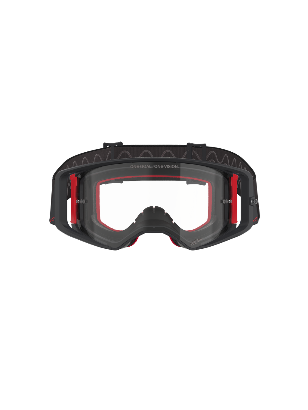 Gogle Alpinestars Supertech Corp, gogle motocrossowe, czarno-czerwone z przezroczystą szybką, widok z przodu, przezroczysta soczewka z napisem „ONE GOAL. ONE VISION.”, czarna oprawka z czerwonymi bocznymi akcentami, szerokie pole widzenia, wytrzymały pasek z falistym silikonowym wykończeniem