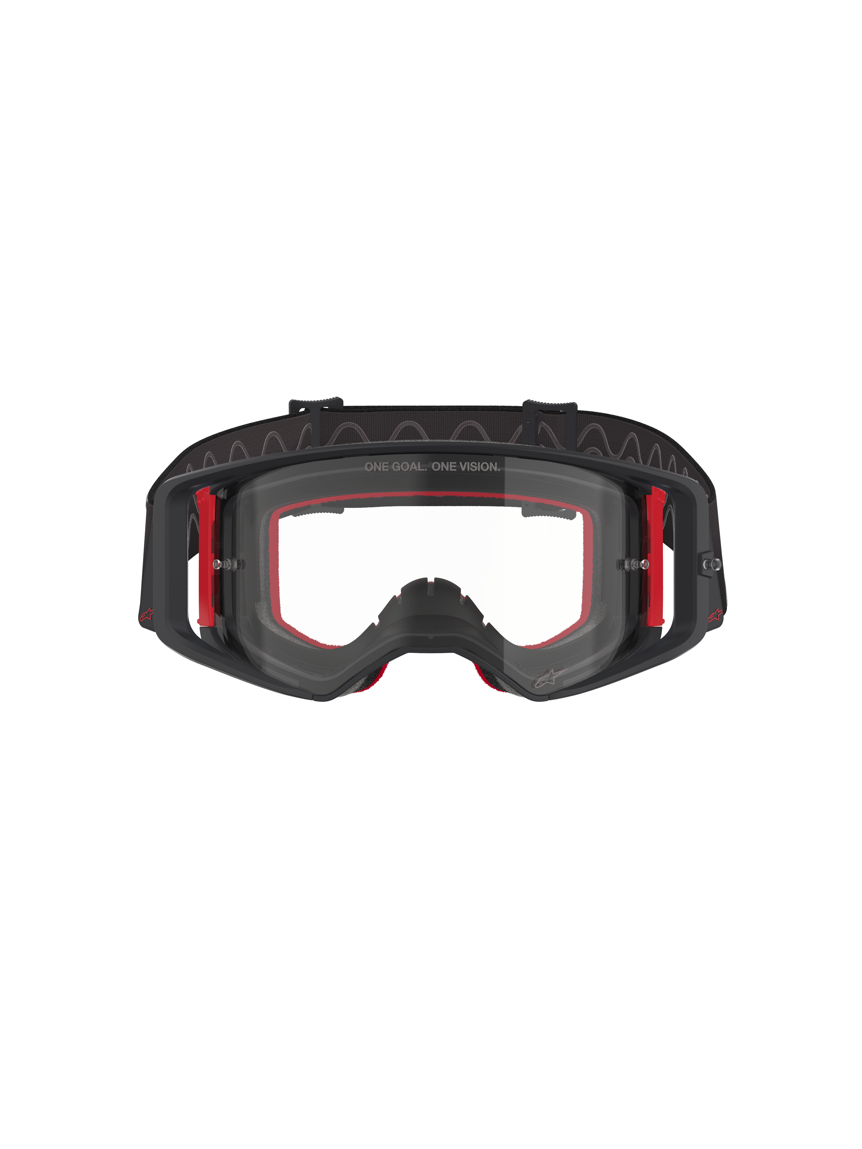 Gogle Alpinestars Supertech Corp, gogle motocrossowe, czarno-czerwone z przezroczystą szybką, widok z przodu, przezroczysta soczewka z napisem „ONE GOAL. ONE VISION.”, czarna oprawka z czerwonymi bocznymi akcentami, szerokie pole widzenia, wytrzymały pasek z falistym silikonowym wykończeniem