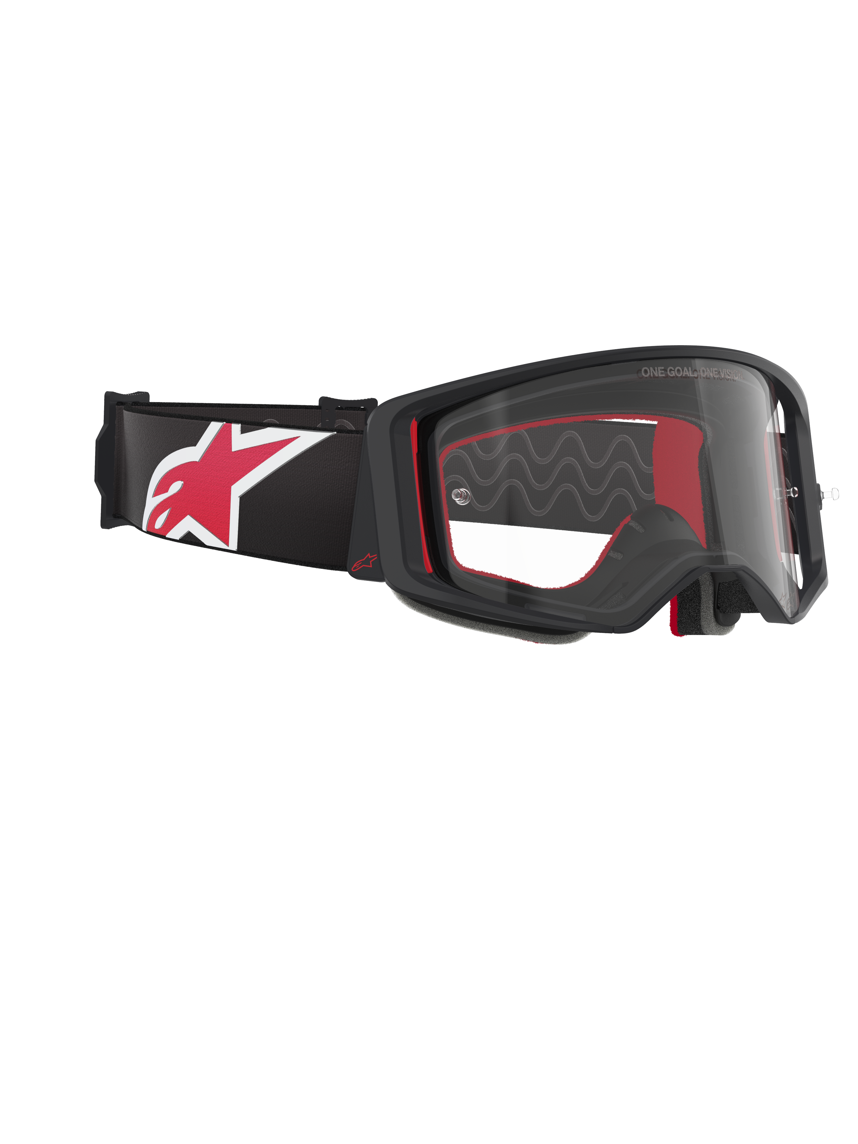 Gogle Alpinestars Supertech Corp, gogle motocrossowe, czarno-czerwone z przezroczystą szybką, widok pod kątem prezentujący przezroczystą soczewkę i czarną oprawkę, czerwona wyściółka wewnętrzna, czarny pasek z dużym czerwono-białym logo Alpinestars, profesjonalna ochrona oczu off-road