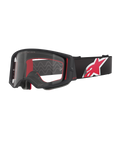 Gogle Alpinestars Supertech Corp, czarno-czerwona oprawka z przezroczystą soczewką, czarny regulowany pasek z dużym czerwono-białym logo gwiazdy, profesjonalne gogle motocrossowe zaprojektowane do wyścigów off-road