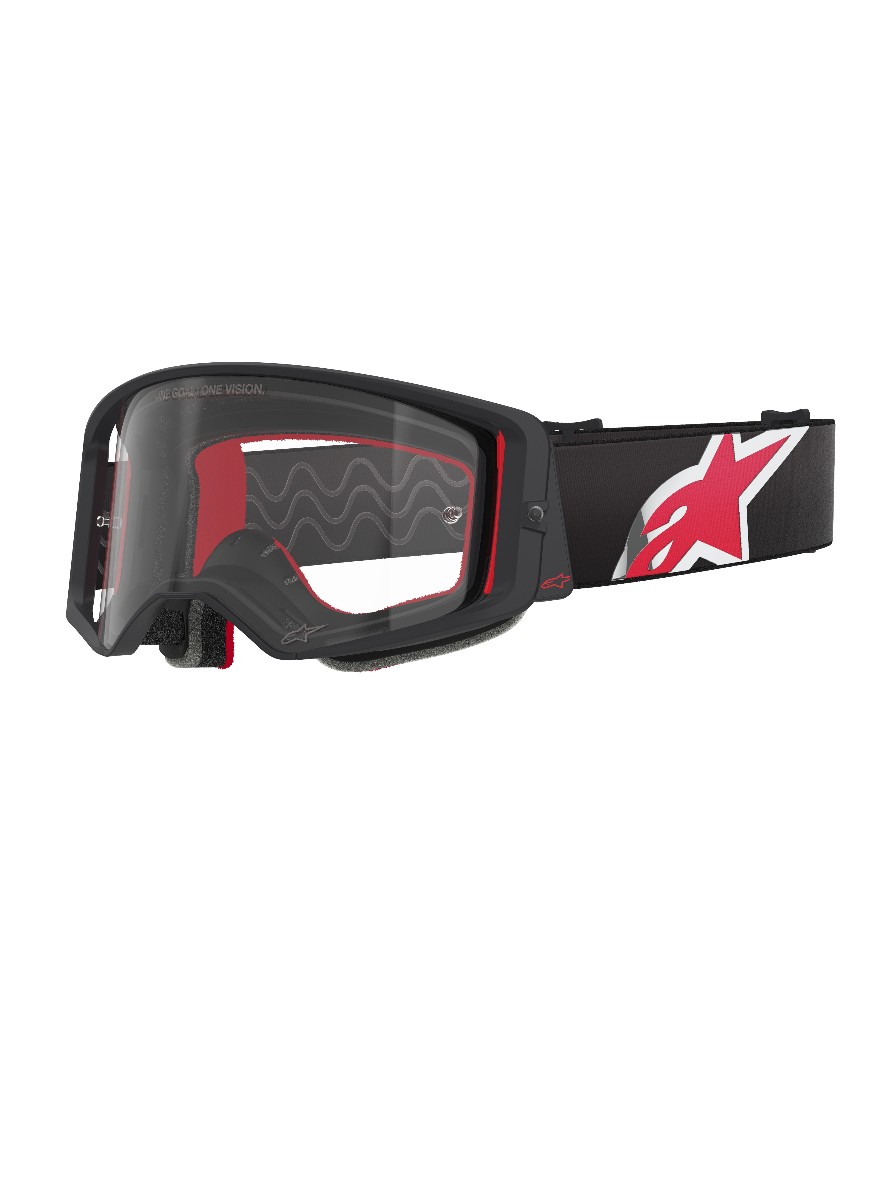 Gogle Alpinestars Supertech Corp, czarno-czerwona oprawka z przezroczystą soczewką, czarny regulowany pasek z dużym czerwono-białym logo gwiazdy, profesjonalne gogle motocrossowe zaprojektowane do wyścigów off-road