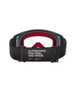 Alpinestars Supertech Corp Goggles, Motocross Goggles, Black and Grey frame with Clear lens, rear view featuring black strap with 'ALPINESTARS ONE GOAL. ONE VISION.' slogan and red internal face foam