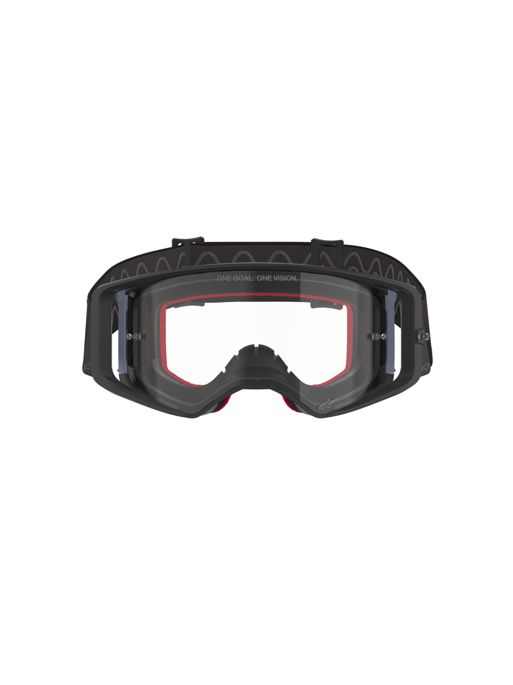 Alpinestars Supertech Corp Goggles, Motocross Goggles, Black and Grey with Clear Lens, front view featuring red interior foam and wide black adjustable strap, high-performance off-road eyewear