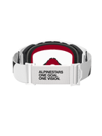 Alpinestars Supertech Corp Goggles, gogle motocrossowe, biała oprawka z przezroczystą soczewką, widok z tyłu przedstawiający biały regulowany pasek z czarnym napisem „ALPINESTARS ONE GOAL. ONE VISION.”, czarna pianka z czerwonymi akcentami, wysokiej klasy ochronne gogle terenowe