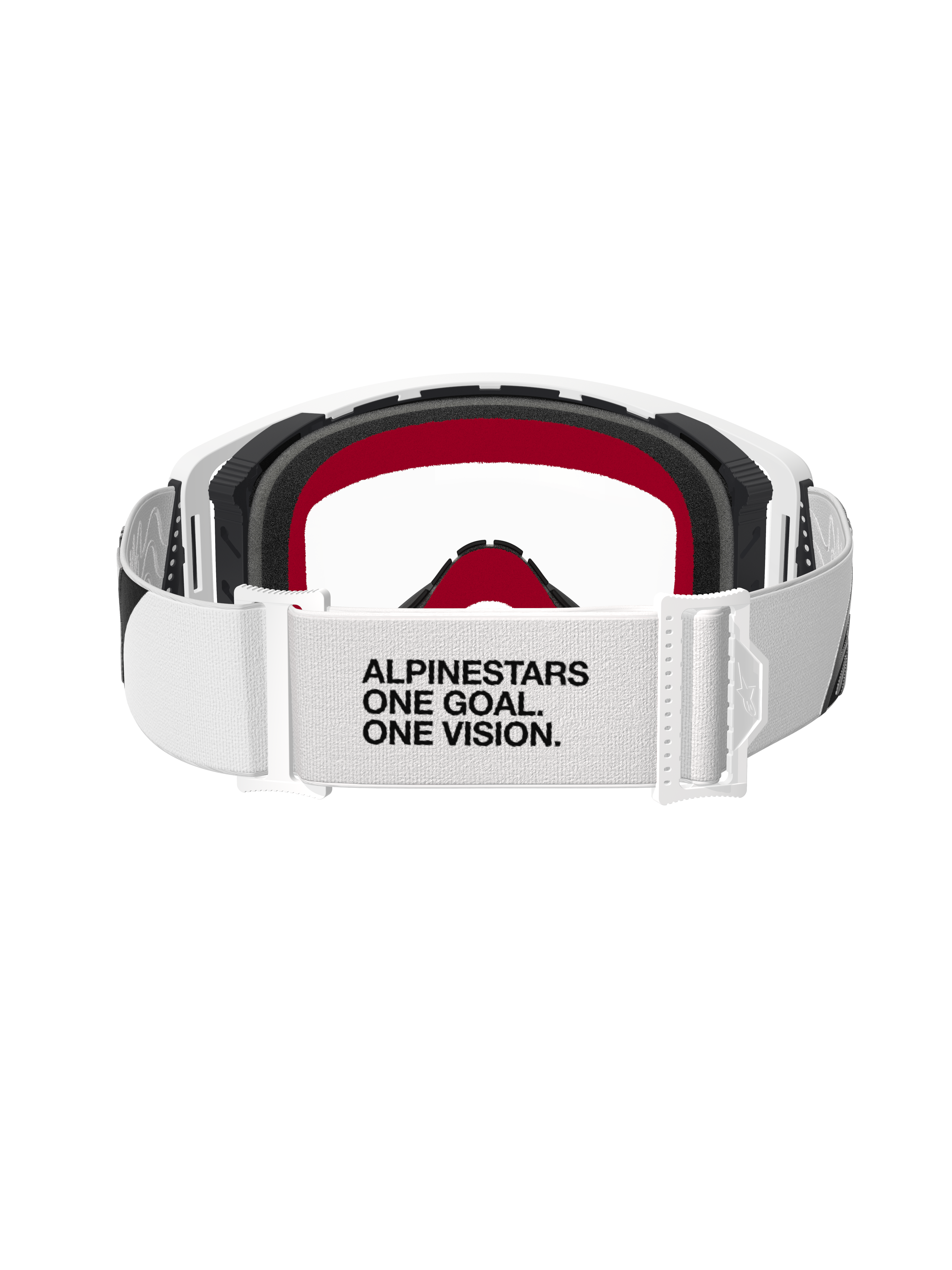 Alpinestars Supertech Corp Goggles, gogle motocrossowe, biała oprawka z przezroczystą soczewką, widok z tyłu przedstawiający biały regulowany pasek z czarnym napisem „ALPINESTARS ONE GOAL. ONE VISION.”, czarna pianka z czerwonymi akcentami, wysokiej klasy ochronne gogle terenowe