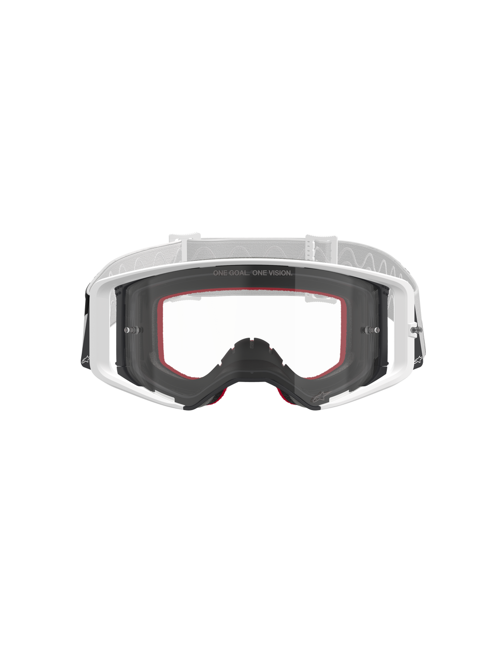 Gogle Alpinestars Supertech Corp, gogle motocrossowe, białe z przezroczystą szybką, biały i jasnoszary regulowany pasek, napis „ONE GOAL. ONE VISION.” na szybce, czerwone akcenty na piance, wysokiej jakości sprzęt ochronny do wyścigów terenowych