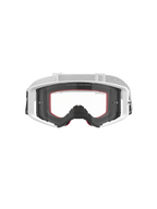 Gogle Alpinestars Supertech Corp, gogle motocrossowe, białe z przezroczystą szybką, biały i jasnoszary regulowany pasek, napis „ONE GOAL. ONE VISION.” na szybce, czerwone akcenty na piance, wysokiej jakości sprzęt ochronny do wyścigów terenowych