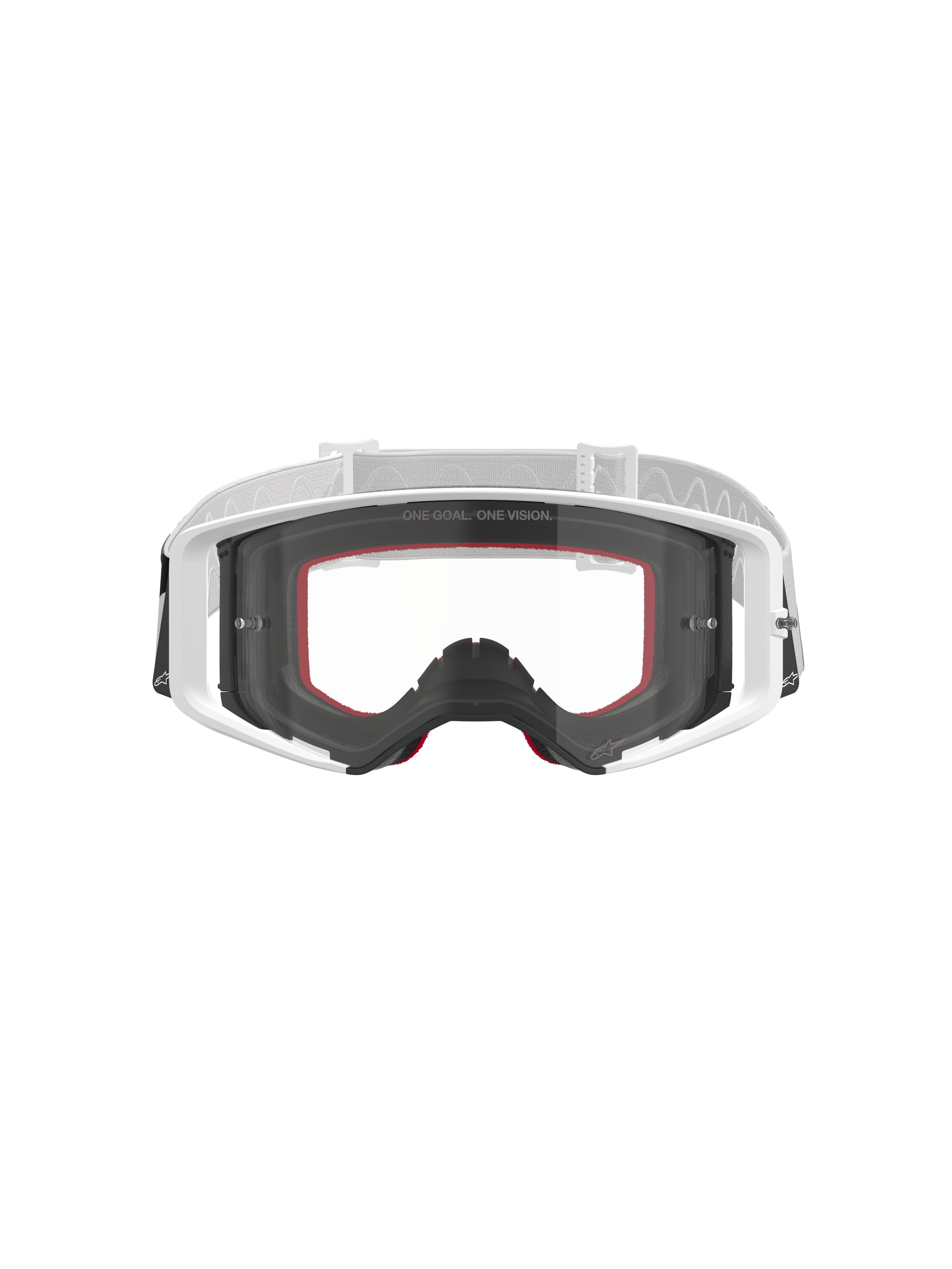 Gogle Alpinestars Supertech Corp, gogle motocrossowe, białe z przezroczystą szybką, biały i jasnoszary regulowany pasek, napis „ONE GOAL. ONE VISION.” na szybce, czerwone akcenty na piance, wysokiej jakości sprzęt ochronny do wyścigów terenowych