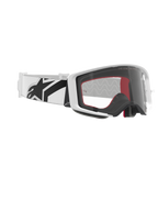 Gogle Alpinestars Supertech Corp, gogle motocrossowe, białe i przezroczyste, biały pasek z dużym czarnym logo Alpinestars, przezroczysta soczewka formowana wtryskowo, biała ramka z podwójnym wtryskiem, wyczynowe gogle do wyścigów off-road