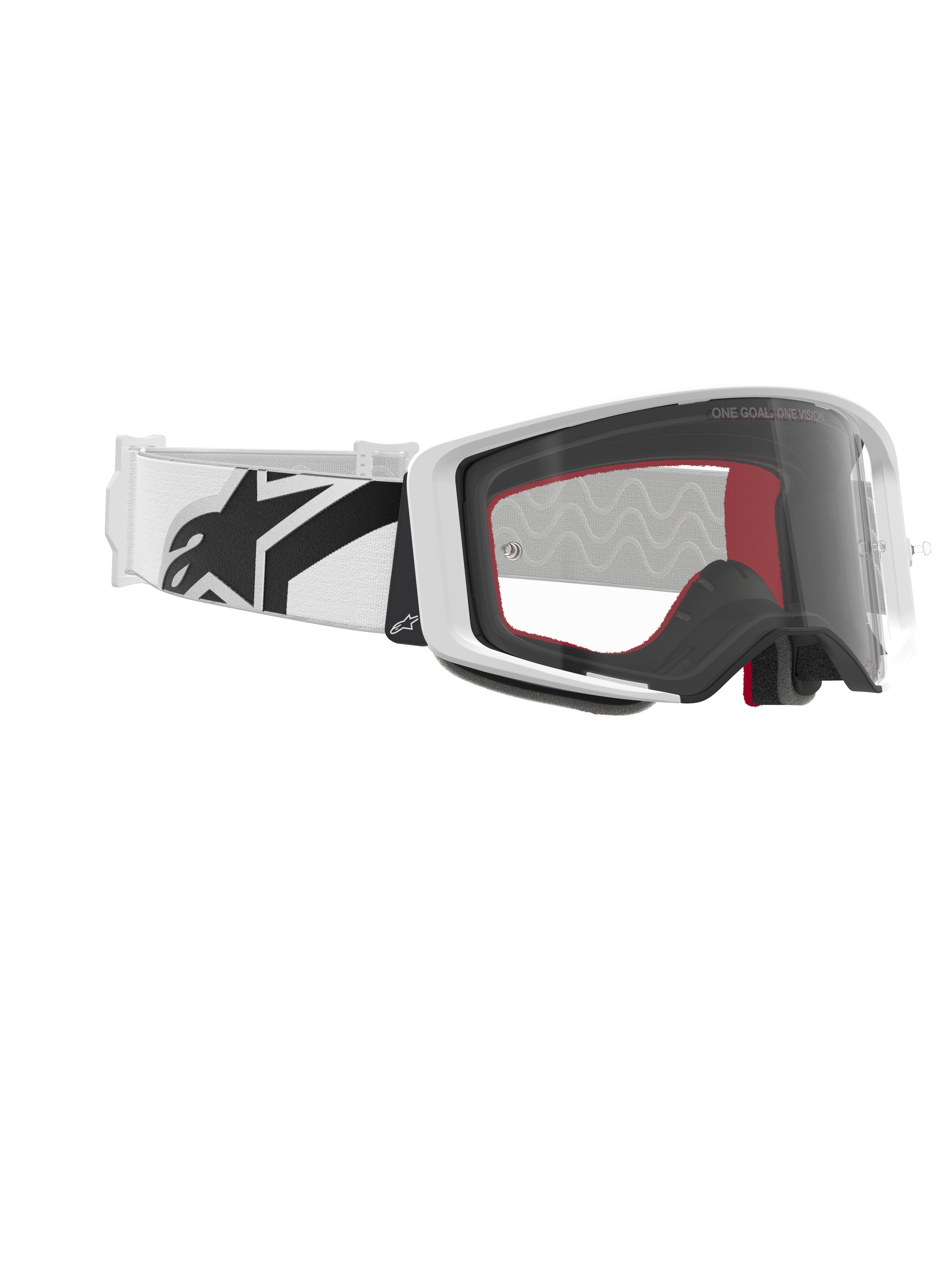 Gogle Alpinestars Supertech Corp, gogle motocrossowe, białe i przezroczyste, biały pasek z dużym czarnym logo Alpinestars, przezroczysta soczewka formowana wtryskowo, biała ramka z podwójnym wtryskiem, wyczynowe gogle do wyścigów off-road