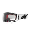 Gogle Alpinestars Supertech Corp, gogle motocrossowe, białe i przezroczyste, biała oprawka z przezroczystą poliwęglanową soczewką, biały pasek z wyraźnym czarnym logo Alpinestars, czerwono-czarna wielowarstwowa pianka
